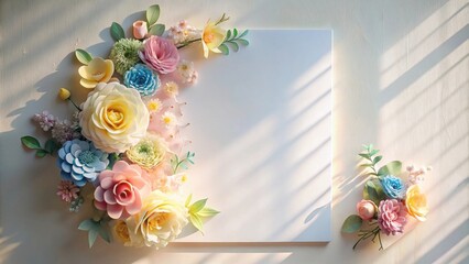Poster - Pastel Paper Flowers and Blank Card Mockup in Sunlight