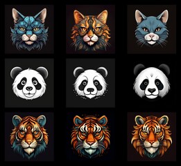 Poster - A captivating collection of stylized animal portraits.  Cats, pandas, and tigers are depicted in vibrant colors against a dark background, showcasing diverse expressions and artistic interpretations o