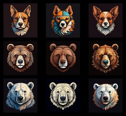Aufkleber - A grid showcases stylized animal portraits: three variations each of dogs and bears, plus polar bears.  The illustrations feature bold colors and detailed fur textures.