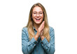 © Vooglo.com - A cheerful woman with long blond hair and glasses wearing a casual denim shirt, clapping her hands, isolated on a white background
