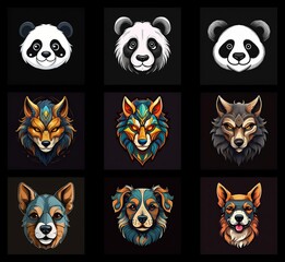 Aufkleber - Nine vibrant animal portraits: three pandas, three wolves, and three dogs.  Each features a unique, stylized design with bold colors and intricate details.