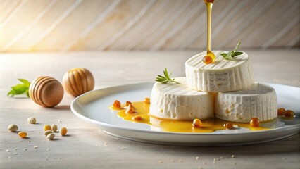 Poster - Creamy Rounds Drenched in Golden Sweetness, Garnished with Herbs and Tiny Jewels