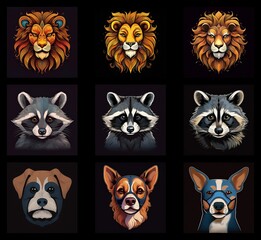 Aufkleber - Nine vibrant animal portraits: three lions, three raccoons, and three dogs. Each features detailed fur and expressive eyes against a dark background.  A collection showcasing diverse wildlife.