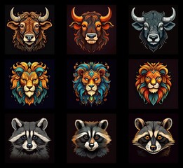 Aufkleber - Nine vibrant animal portraits: three bulls, three lions, and three raccoons. Each creature is depicted in a unique, stylized design with rich colors and intricate details against a dark background.