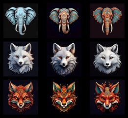 Aufkleber - Nine digital illustrations showcasing elephant and fox head portraits.  Three styles are presented for each animal: realistic, patterned, and ornate.