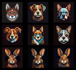 Poster - A collection of stylized animal portraits.  Dogs of various breeds and rabbits are depicted with a consistent color palette and artistic style.  Each portrait is a close-up of the animal's head, prese