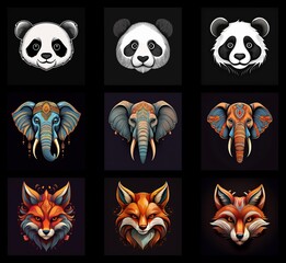 Aufkleber - A collection of intricately designed animal portraits: panda, elephant, and fox.  Each animal is depicted in three color variations.  The style is ornate and decorative.