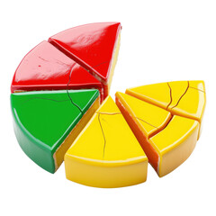 Poster - Colorful pie chart slices in red, green, and yellow, representing data visualization and analysis. cracked surface adds unique artistic touch to design