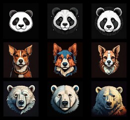 Aufkleber - A collection of nine animal portraits: pandas, dogs, and polar bears.  Each animal is depicted in three different color variations.  Stylized illustrations showcase unique artistic interpretations.