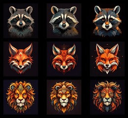 Poster - Nine stylized animal portraits: raccoons, foxes, and lions.  Warm color palettes and geometric accents create a mystical vibe.  Each animal has three variations.