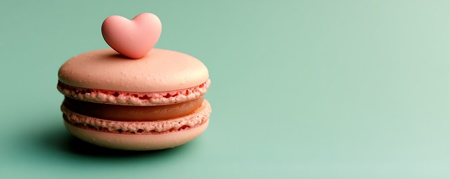 A single pink macaron with a heart-shaped top, delicately placed on a solid mint green background, perfect for Valentinea??s Day sweetness