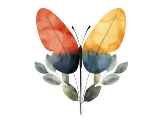Poster - Vibrant Watercolor Butterfly with Colorful Wings and Leafy Surroundings in Artistic Style