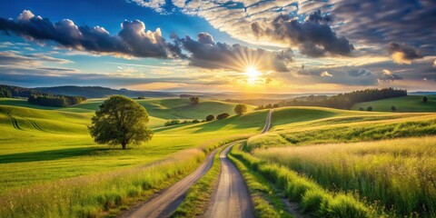 Naklejka na meble Serene Sunset Over Rolling Green Hills and a Winding Country Road