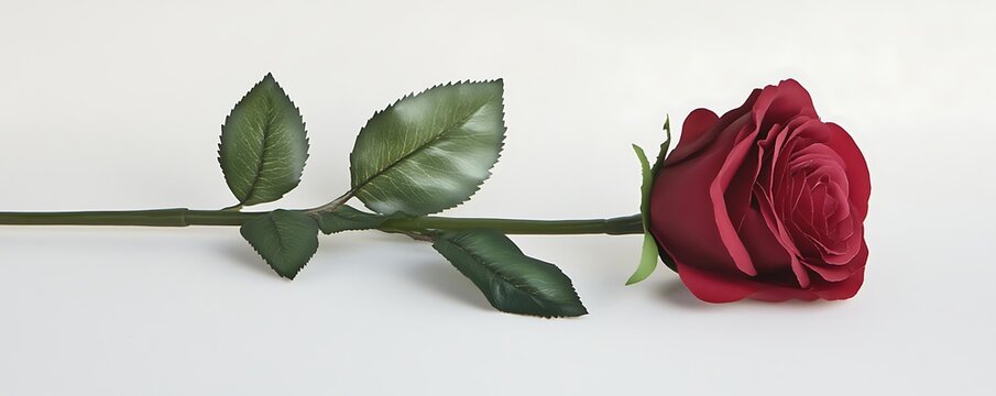A single red rose with a long green stem laying gracefully on a plain white background, symbolizing love and romance