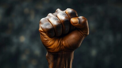 Wall Mural - A powerful raised fist against a dark background, symbolizing determination and activism, perfect for Black History Month promotions and equality campaigns.