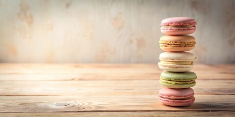 Poster - A delectable stack of pastel-colored macarons rests on a rustic wooden surface against a blurred background.