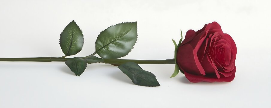 A single red rose with a long green stem laying gracefully on a plain white background, symbolizing love and romance