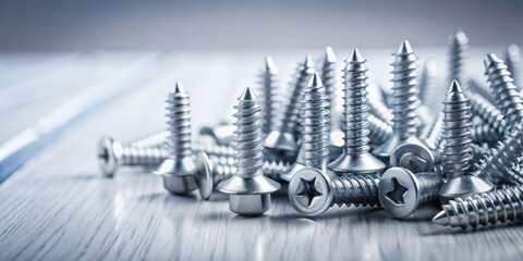 Poster - Close-up view of numerous metallic screws with star-shaped heads, arranged on a light gray surface
