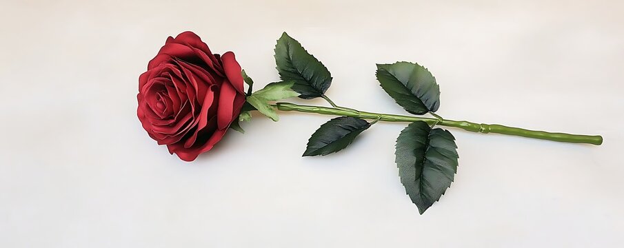 A single red rose with a long green stem laying gracefully on a plain white background, symbolizing love and romance