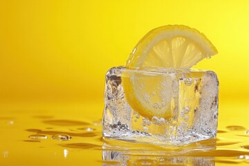 Wall Mural - Lemon Slice Frozen In An Ice Cube On Yellow