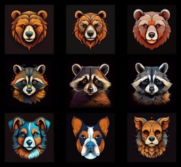 Poster - A digital illustration featuring nine stylized animal portraits: three bears, three raccoons, and three dogs. Each portrait is set against a dark background, showcasing vibrant colors and detailed fur