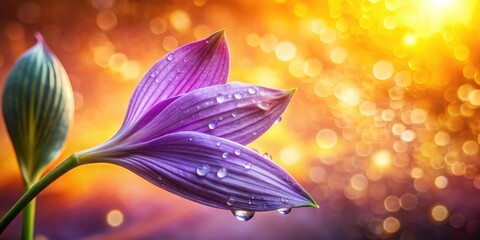 Poster - Close-up of a dew-kissed purple flower blossom against a vibrant bokeh background