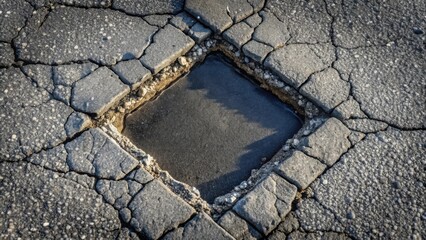 Poster - A square depression filled with water within a cracked pavement surface