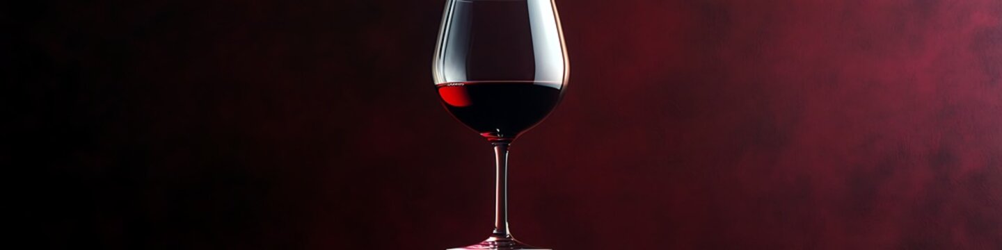 A single red wine glass filled halfway, sitting elegantly on a solid deep burgundy background for a romantic ambiance
