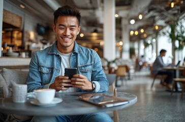 Wall Mural - A man is sitting at a table in a cafe, smiling and holding a cell phone