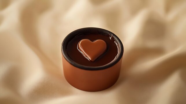 A small chocolate fondue pot with melted chocolate and a heart shape formed on top, centered on a solid cream background