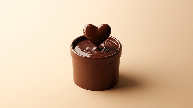 A small chocolate fondue pot with melted chocolate and a heart shape formed on top, centered on a solid cream background