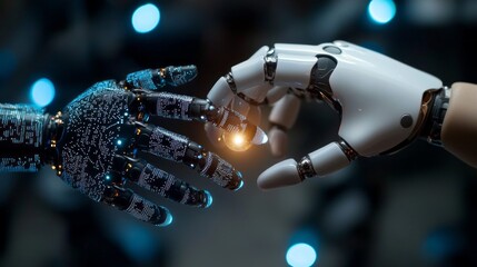 Poster - Two robotic hands, one sleek and white, the other intricate and dark, reach toward each other, creating a bright glow