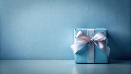 Wall Mural - A light blue gift box with a pale ribbon bow sits on a surface against a pale blue wall