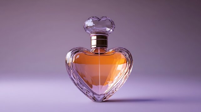 A vintage glass perfume bottle with a heart-shaped stopper, placed on a solid muted purple background for a romantic vibe