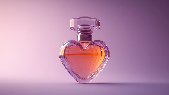 A vintage glass perfume bottle with a heart-shaped stopper, placed on a solid muted purple background for a romantic vibe
