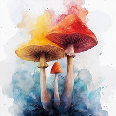 Poster - Vibrant Watercolor Painting of Colorful Mushrooms Surrounded by Soft Abstract Background in Pastel Tones
