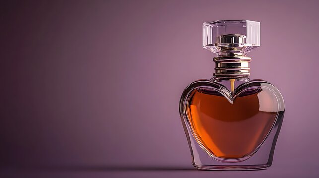 A vintage glass perfume bottle with a heart-shaped stopper, placed on a solid muted purple background for a romantic vibe