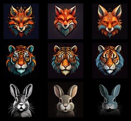 Poster - Nine vibrant animal portraits: foxes and tigers in varied color palettes, plus rabbits in grayscale and color.  Geometric and stylized, each animal head is presented against a dark background.