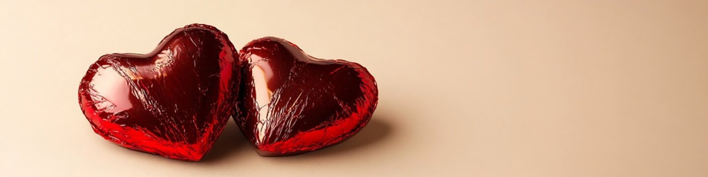 A pair of heart-shaped chocolates wrapped in shiny red foil, resting on a simple cream background