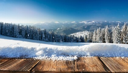 sparkling snow on a timber desk on a stunning winter day with a panorama history