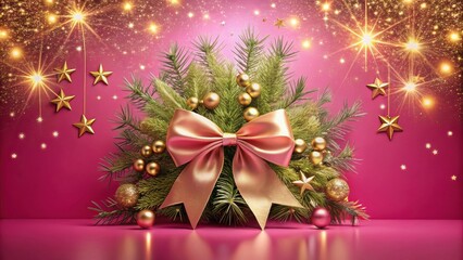 Poster - Festive Evergreen Arrangement with Gold Accents and Pink Bow