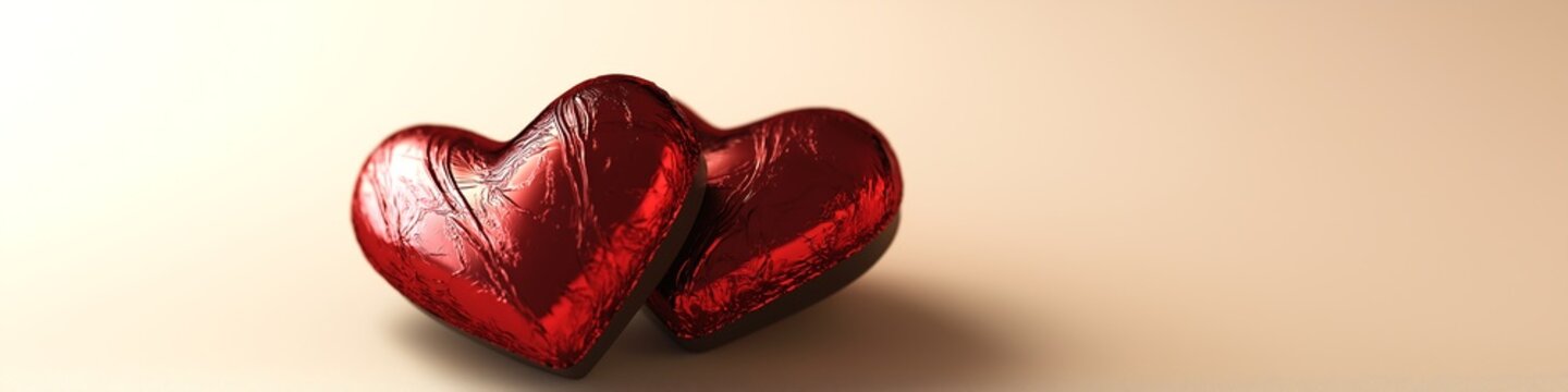 A pair of heart-shaped chocolates wrapped in shiny red foil, resting on a simple cream background