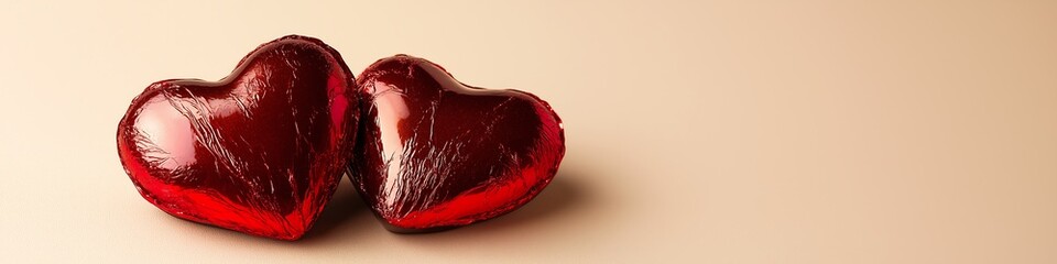 Poster - A pair of heart-shaped chocolates wrapped in shiny red foil, resting on a simple cream background