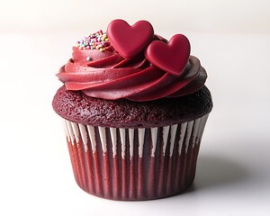 Poster - A red velvet cupcake with heart-shaped sprinkles, sitting on a plain white background for a sweet Valentinea??s theme