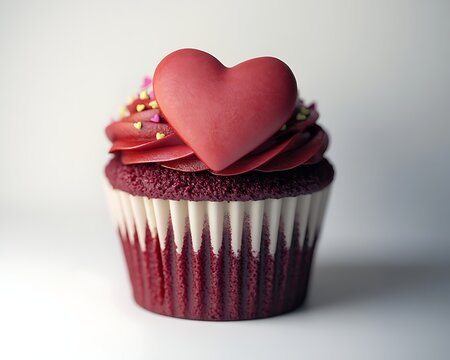 A red velvet cupcake with heart-shaped sprinkles, sitting on a plain white background for a sweet Valentinea??s theme