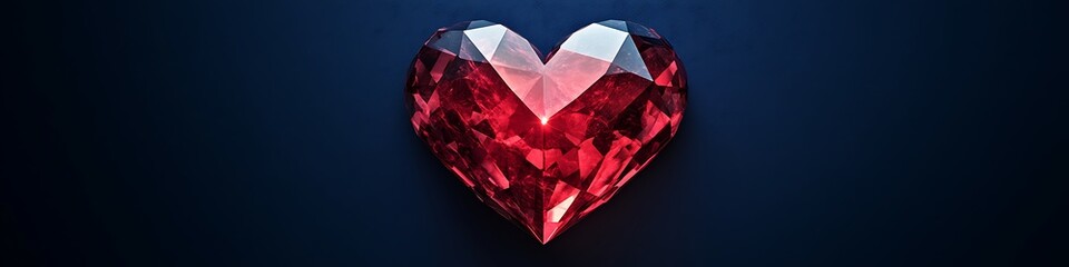 Poster - A ruby-red crystal heart with faceted edges, glowing softly against a solid navy blue background