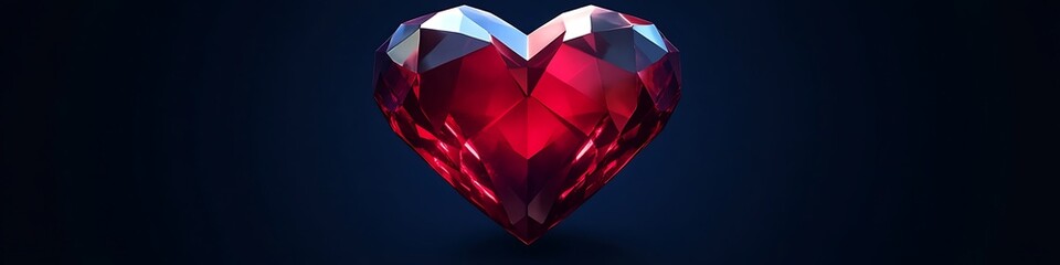 Poster - A ruby-red crystal heart with faceted edges, glowing softly against a solid navy blue background