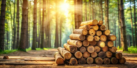 Poster - A pyramid of neatly stacked logs rests on a forest path, bathed in the warm glow of the sun filtering through the trees