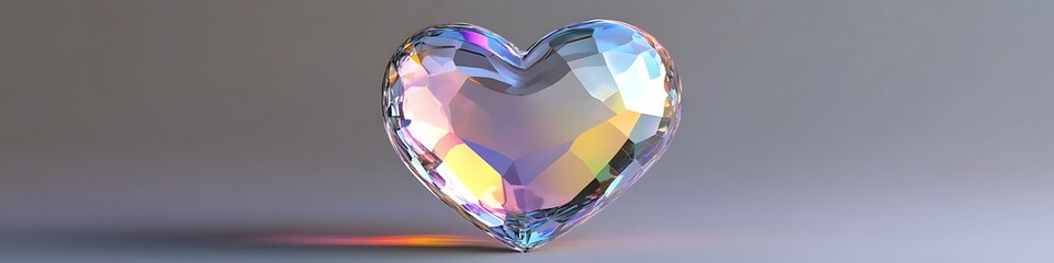 Poster - A beautifully sculpted crystal heart reflecting soft rainbow hues, placed on a plain gray background