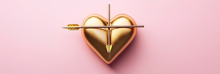 Poster - A delicate cupid arrow piercing through a golden heart, centered on a soft pink background for a romantic Valentinea??s aesthetic
